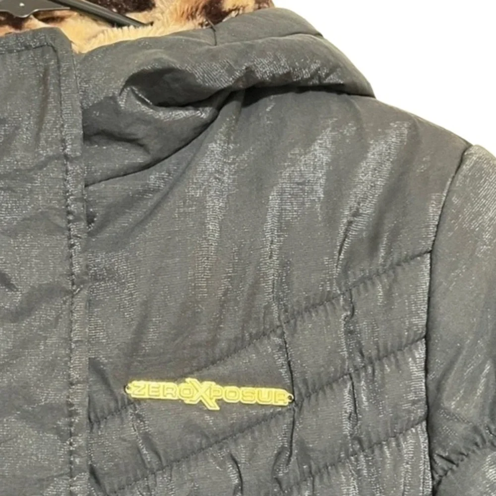 ZeroXposur Girls Coat Black with Leopard Print Lined Hood Size Medium